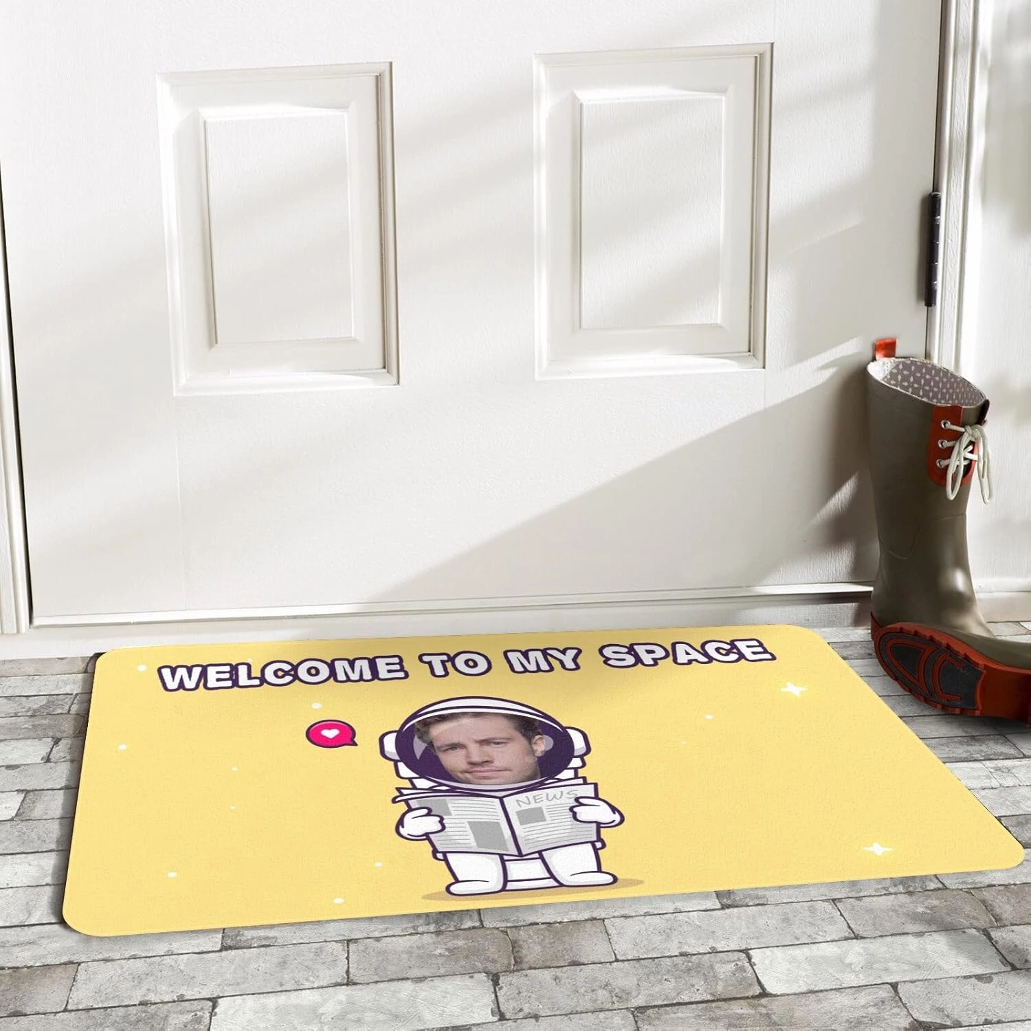 Welcome Mat Astronauts Sitting On The Toilet ToRead The Newspaper Custom Name Text & Photo Doormat with Faces Personalized Funny Spoof Doormat Gifts for Men Women Kid 30"x18"