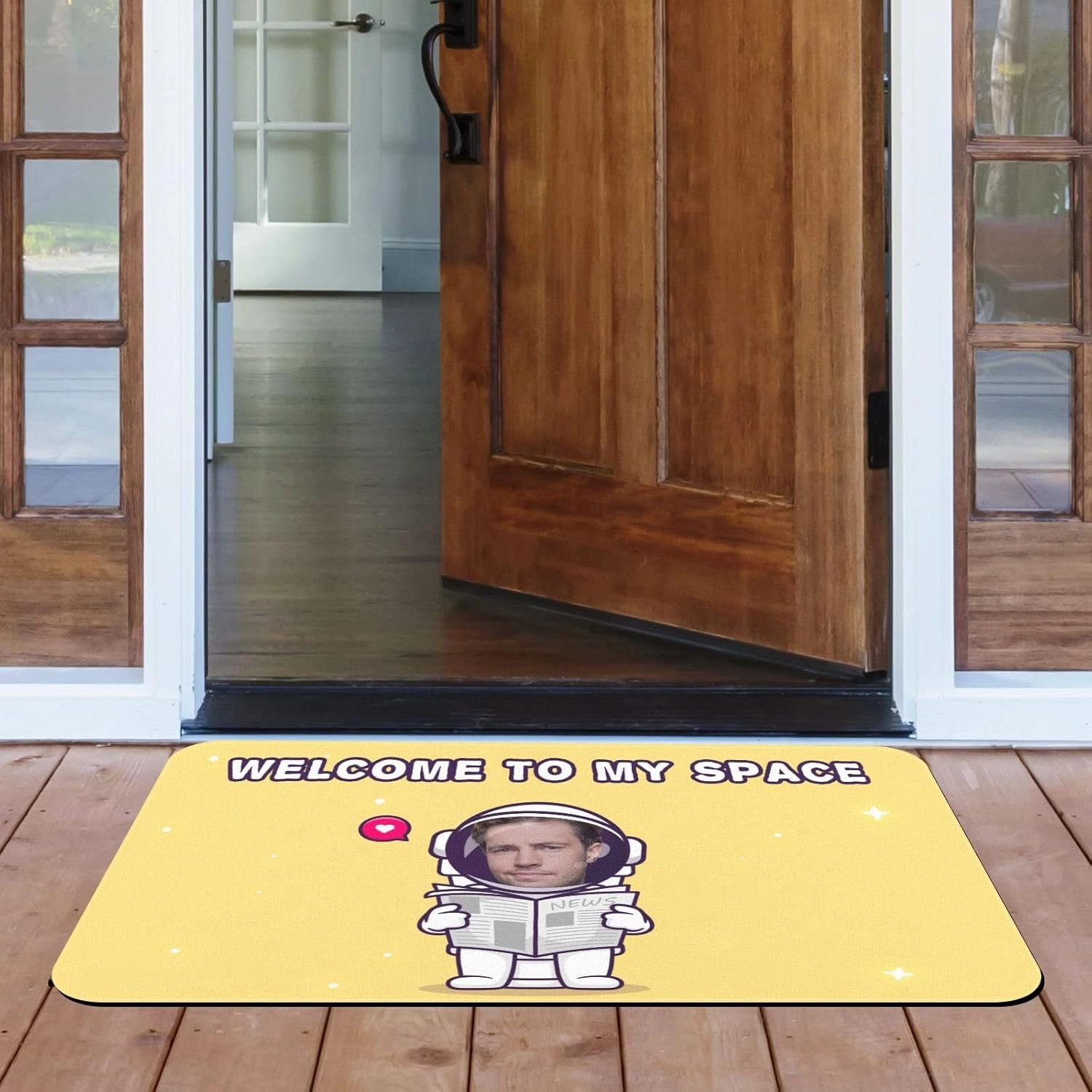 Welcome Mat Astronauts Sitting On The Toilet ToRead The Newspaper Custom Name Text & Photo Doormat with Faces Personalized Funny Spoof Doormat Gifts for Men Women Kid 30"x18"