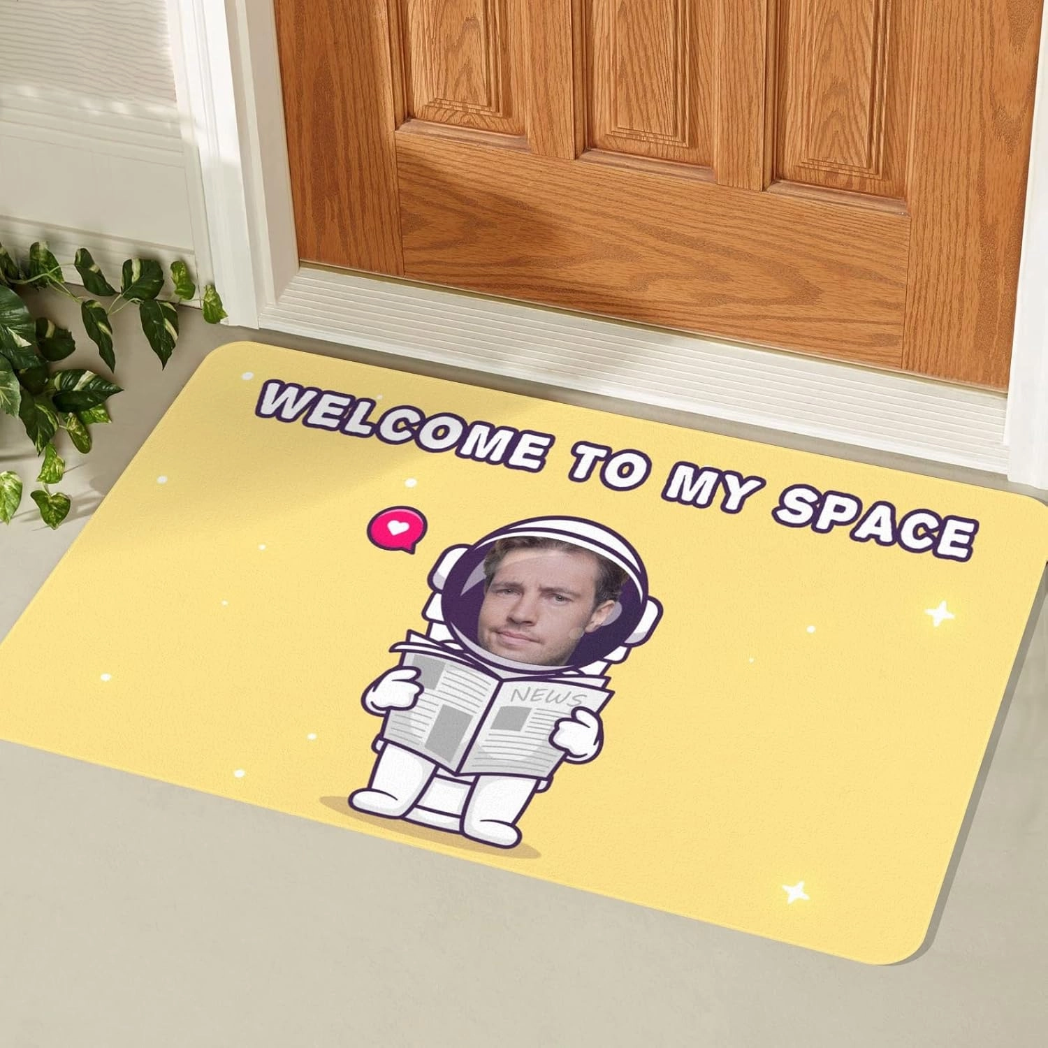 Welcome Mat Astronauts Sitting On The Toilet ToRead The Newspaper Custom Name Text & Photo Doormat with Faces Personalized Funny Spoof Doormat Gifts for Men Women Kid 30"x18"