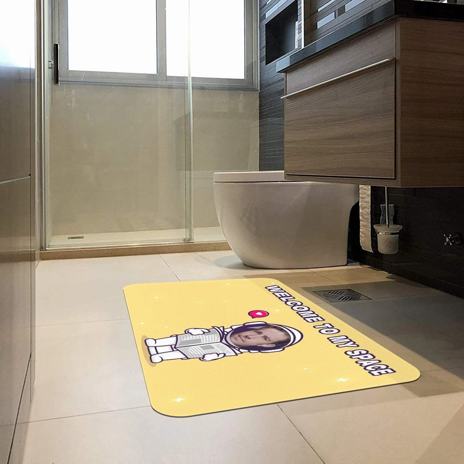Welcome Mat Astronauts Sitting On The Toilet ToRead The Newspaper Custom Name Text & Photo Doormat with Faces Personalized Funny Spoof Doormat Gifts for Men Women Kid 30"x18"
