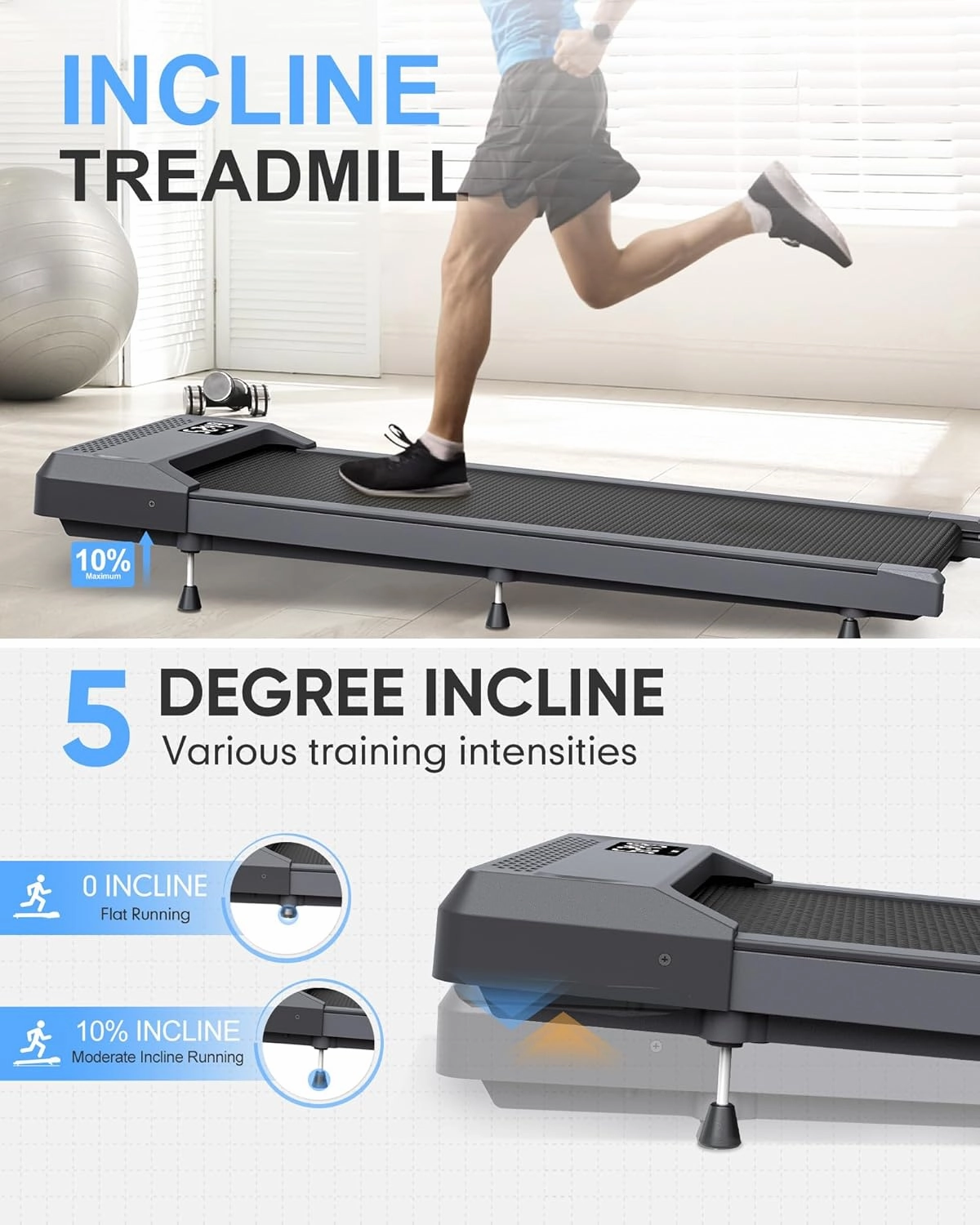 WELLFIT 10% Incline Treadmills for Home, Under Desk Walking Pad 360 lbs Weight Capacity, Foldable Treadmill for Small Space Apartment, Portable Easy to Move Upright Place, Long Stride, Space Saver