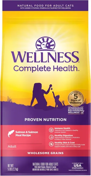 Wellness Complete Health Adult Dry Cat Food for Indoor and Outdoor Cats, Wholesome Grains, Natural, Salmon & Salmon Meal (5 Pound Bag)
