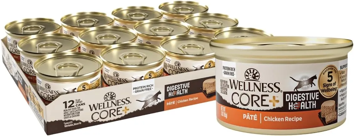 Wellness CORE  Digestive Health Pate Adult Wet Cat Food, Natural, Protein-Rich, Grain Free, 3 Ounce, 12 Pack (Chicken)