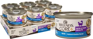 Wellness CORE  Skin & Coat Pate Adult Wet Cat Food, Natural, Protein-Rich, Grain Free, 2.8 Ounce, 12 Pack (Salmon & Sardine)