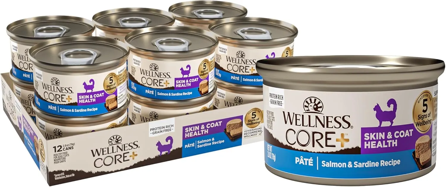 Wellness CORE  Skin & Coat Pate Adult Wet Cat Food, Natural, Protein-Rich, Grain Free, 2.8 Ounce, 12 Pack (Salmon & Sardine)
