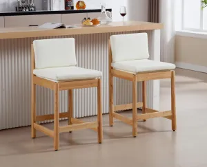 White Leather Counter Height Bar Stools Set of 2 Farmhouse Mid Century Modern Barstools Upholstered PU Counter Stools Wood Bar Chairs for Kitchen Island/Dining Room/Home Bar/Pub,26 Inch