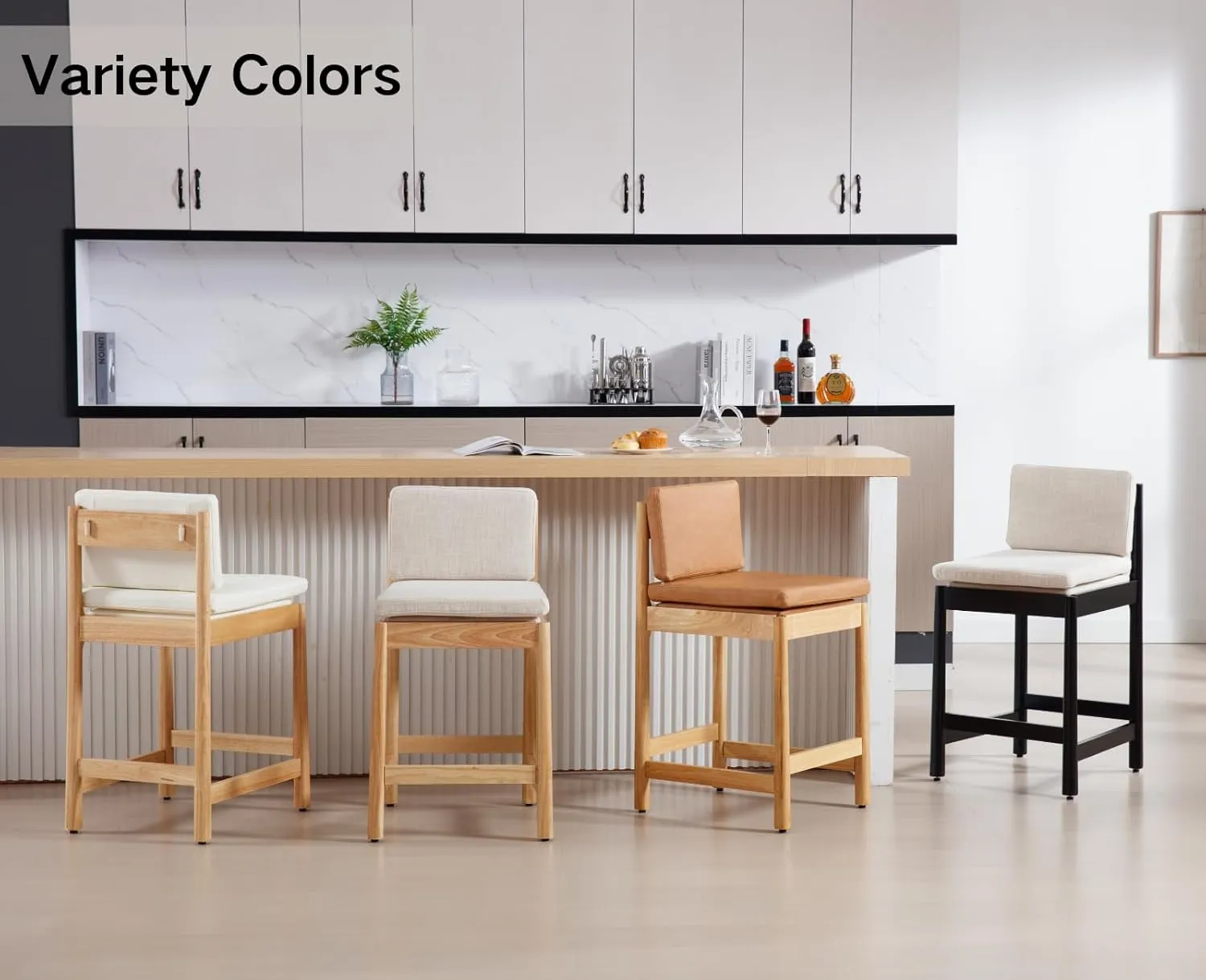 White Leather Counter Height Bar Stools Set of 2 Farmhouse Mid Century Modern Barstools Upholstered PU Counter Stools Wood Bar Chairs for Kitchen Island/Dining Room/Home Bar/Pub,26 Inch