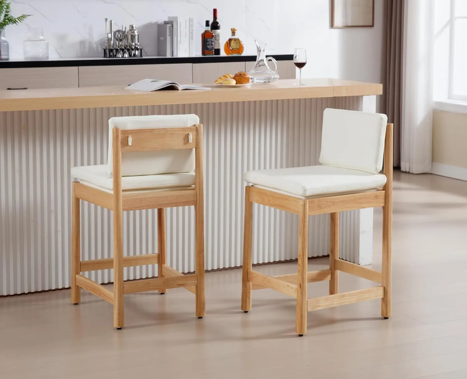 White Leather Counter Height Bar Stools Set of 2 Farmhouse Mid Century Modern Barstools Upholstered PU Counter Stools Wood Bar Chairs for Kitchen Island/Dining Room/Home Bar/Pub,26 Inch