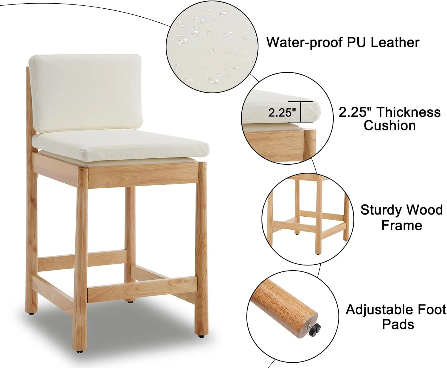 White Leather Counter Height Bar Stools Set of 2 Farmhouse Mid Century Modern Barstools Upholstered PU Counter Stools Wood Bar Chairs for Kitchen Island/Dining Room/Home Bar/Pub,26 Inch