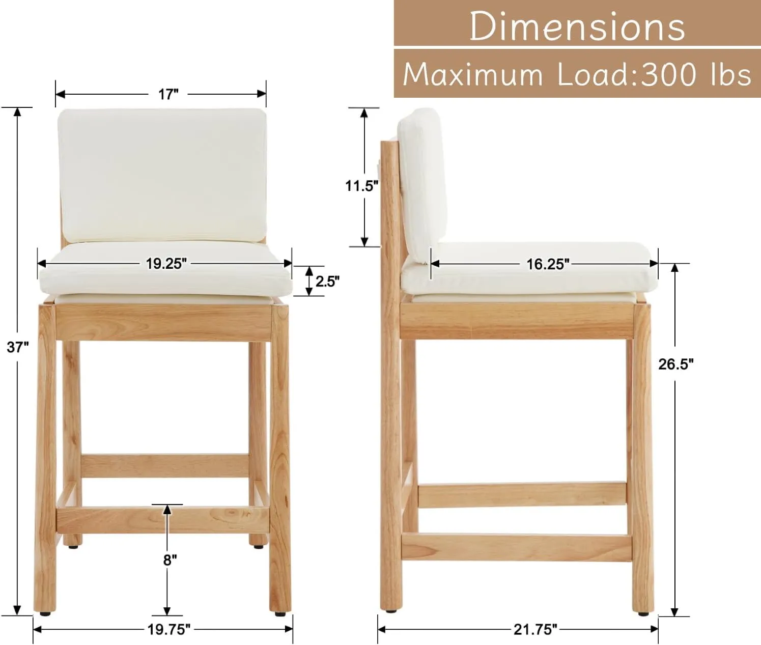 White Leather Counter Height Bar Stools Set of 2 Farmhouse Mid Century Modern Barstools Upholstered PU Counter Stools Wood Bar Chairs for Kitchen Island/Dining Room/Home Bar/Pub,26 Inch