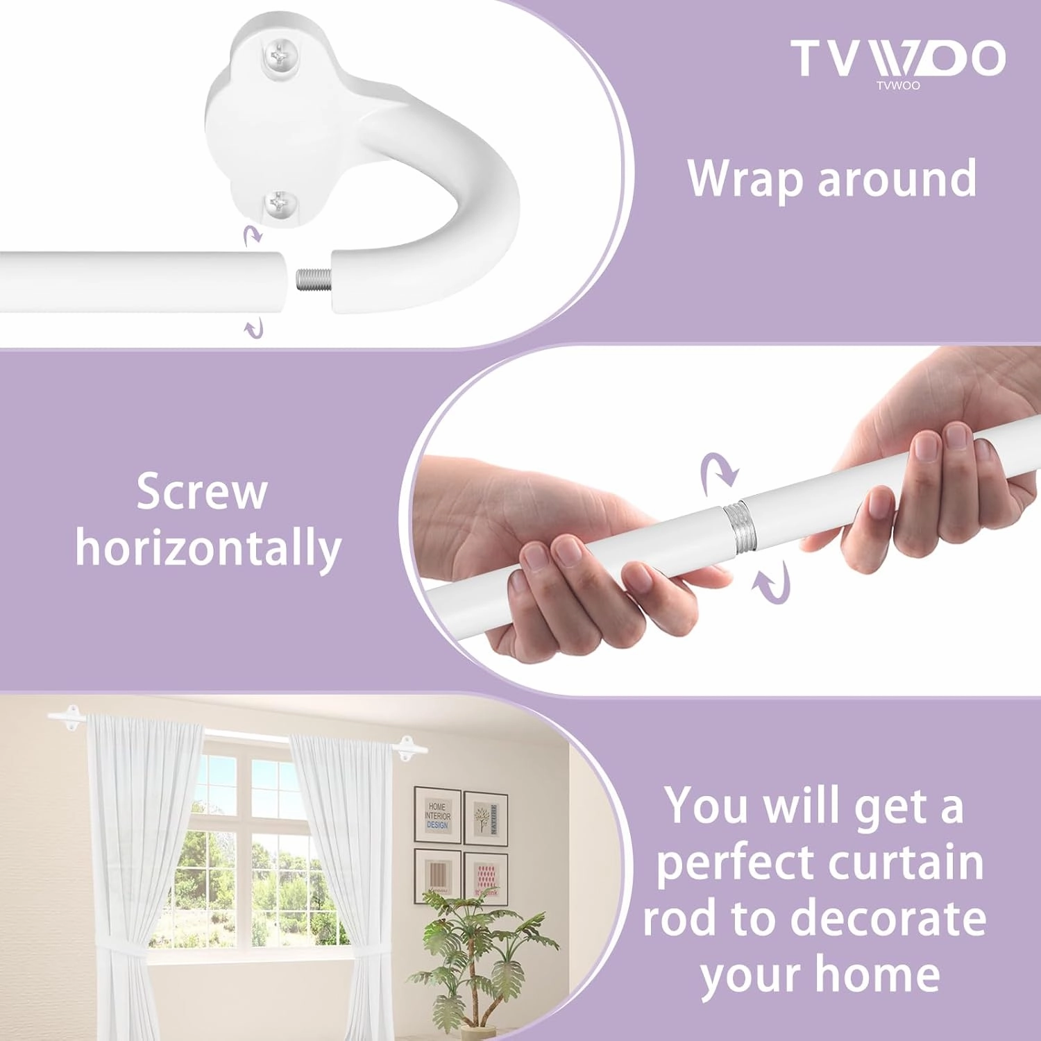 White Wrap Around Curtain Rods:5/8" Small Blackout Adjustable Window Curtain Rod for Bedroom Kitchen Apartment Renter Friendly,Room Darkening Curved Drapery Rods Easy Install,Pure White 28-60"