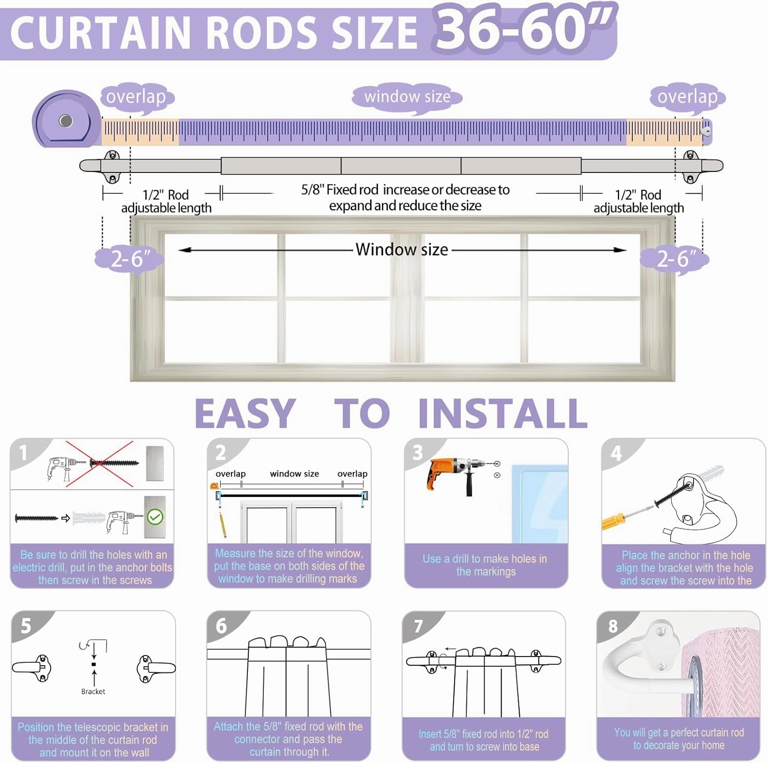 White Wrap Around Curtain Rods:5/8" Small Blackout Adjustable Window Curtain Rod for Bedroom Kitchen Apartment Renter Friendly,Room Darkening Curved Drapery Rods Easy Install,Pure White 28-60"