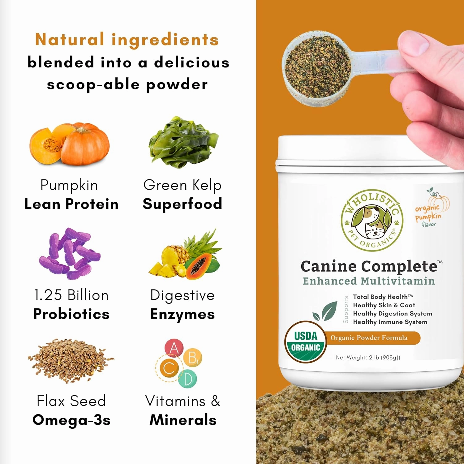 Wholistic Canine Complete with Organic Pumpkin for Dogs - 2 Lb - Dog Vitamins and Supplements with Pumpkin Powder for Digestion, Skin & Coat Health - Multivitamin for Dogs with Probiotics & Fiber