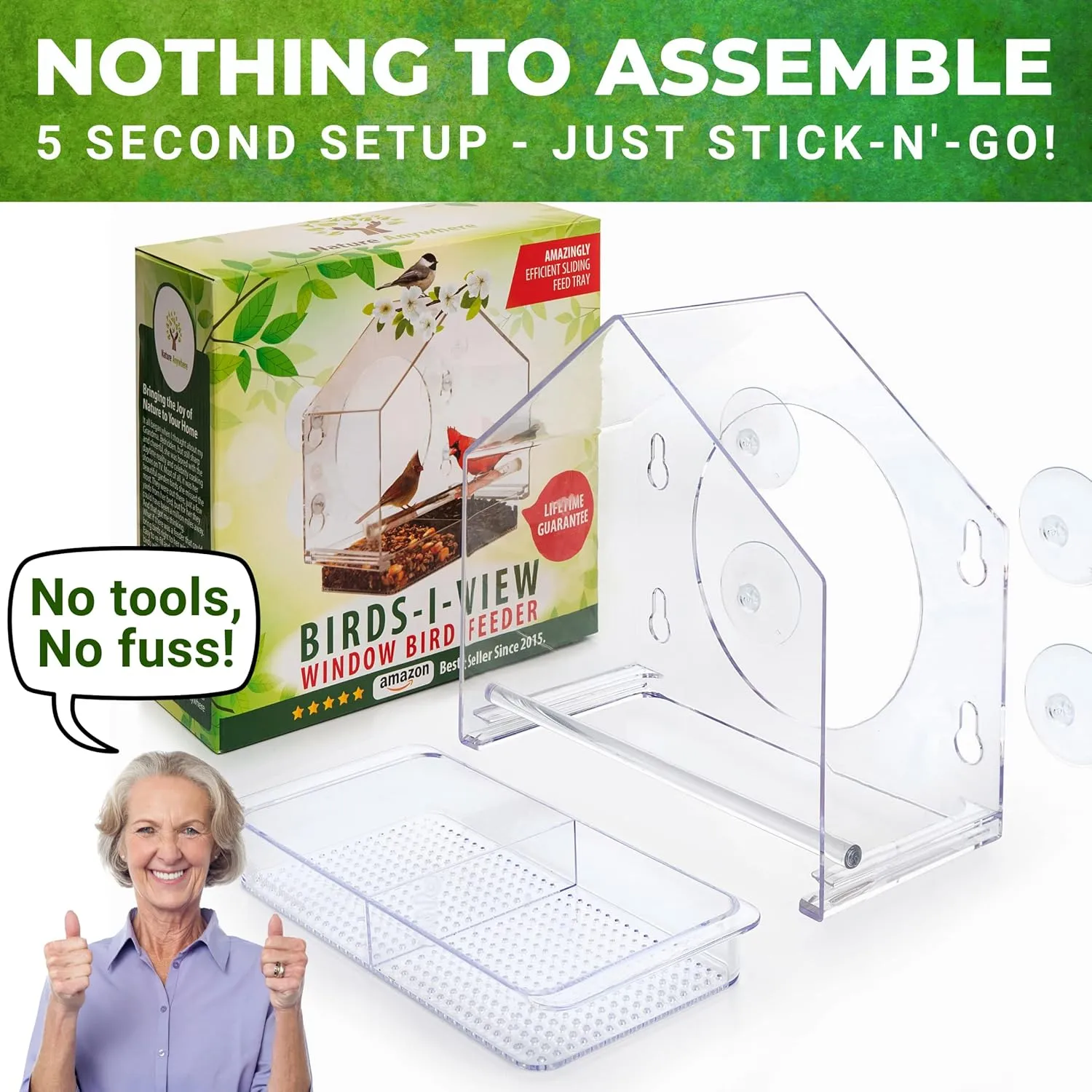 Window Bird Feeder by Nature Anywhere - Transparent Acrylic Bird Feeders for Outdoors - Enhanced Suction Grip, Bird Watching for Cats, Easy-to-Clean, Outdoor Birdhouse Feeder