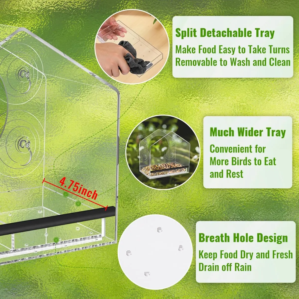 Window Bird Feeder with Strong Suction Cups - Clear Acrylic BirdFeeders for Outdoor Viewing, Large Capacity, Easy to Clean, Bird Watching Gifts for Mom Cats Kids
