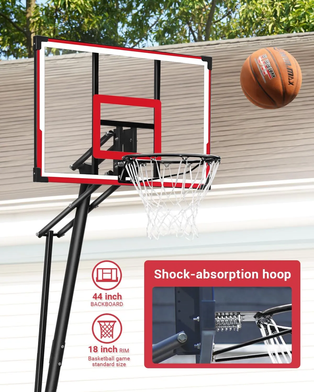 WIN.MAX Basketball Hoop Outdoor 4.9FT-10FT Adjustable, Portable Basketball Hoop Goal System with 44 Inch Shatterproof Backboard and Larger Base for Youth/Adults in Backyard/Driveway/Indoor/Poolside