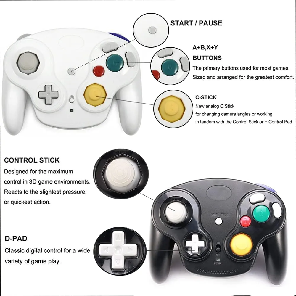 Wireless Game Cube Controller, 2 Pieces 2.4G Wireless Classic Gamepad with Receiver Adapter for Wii Game Cube NGC GC (Black and White)