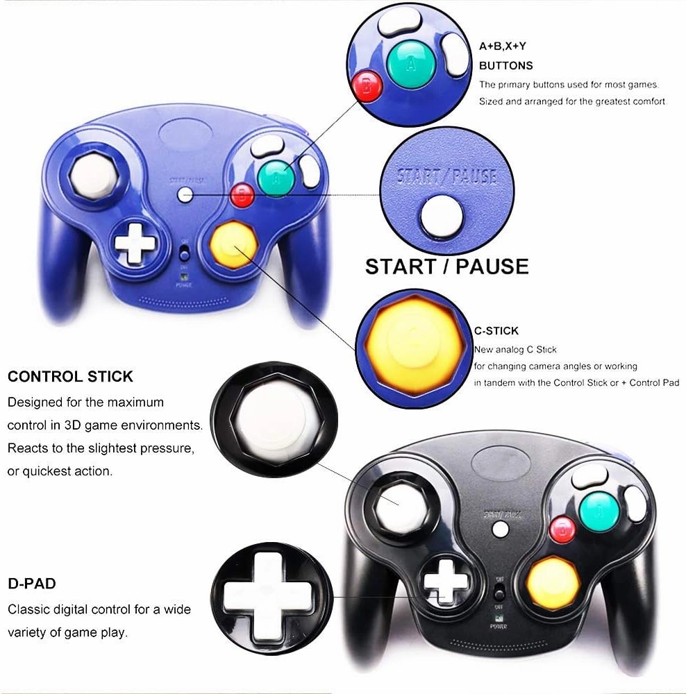 Wireless Game Cube Controller, 2 Pieces 2.4G Wireless Classic Gamepad with Receiver Adapter for Wii Game Cube NGC GC (Black and Dark Blue)