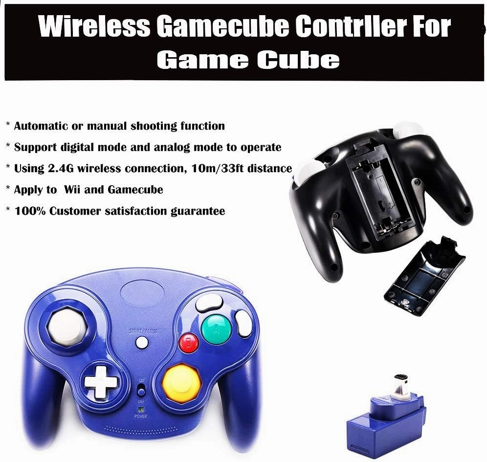 Wireless Game Cube Controller, 2 Pieces 2.4G Wireless Classic Gamepad with Receiver Adapter for Wii Game Cube NGC GC (Black and Dark Blue)