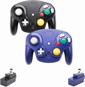 Wireless Game Cube Controller, 2 Pieces 2.4G Wireless Classic Gamepad with Receiver Adapter for Wii Game Cube NGC GC (Black and Dark Blue)
