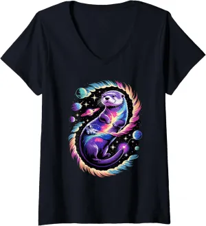 Womens Astronaut Riding Otter Space Stars Galaxy Planets V-Neck T-Shirt