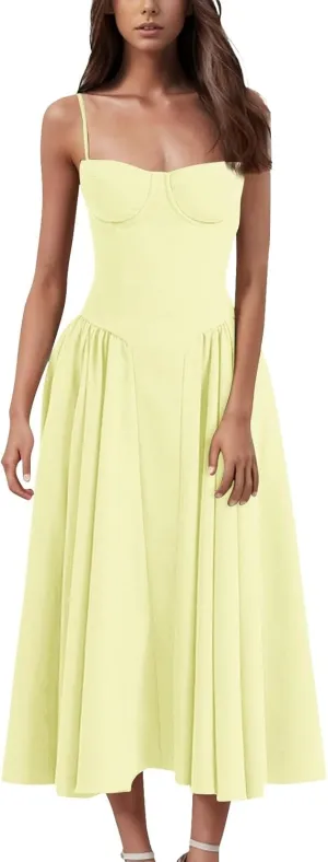 Womens Corset Dress Spaghetti Strap Bustier Midi Dresses Vintage Party Dress Flowy Pleated Hem Low Cut Prom Dresses