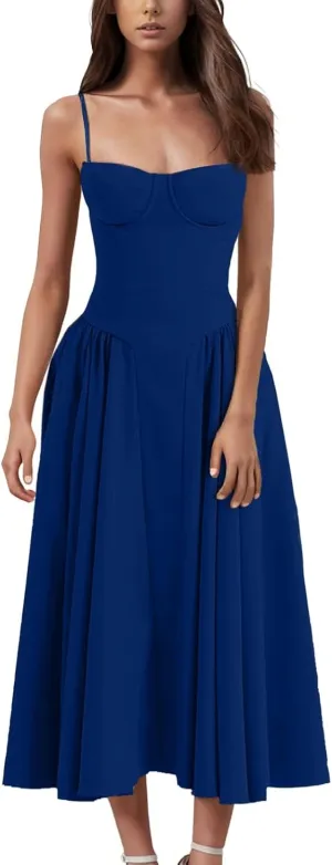Womens Corset Dress Spaghetti Strap Bustier Midi Dresses Vintage Party Dress Flowy Pleated Hem Low Cut Prom Dresses