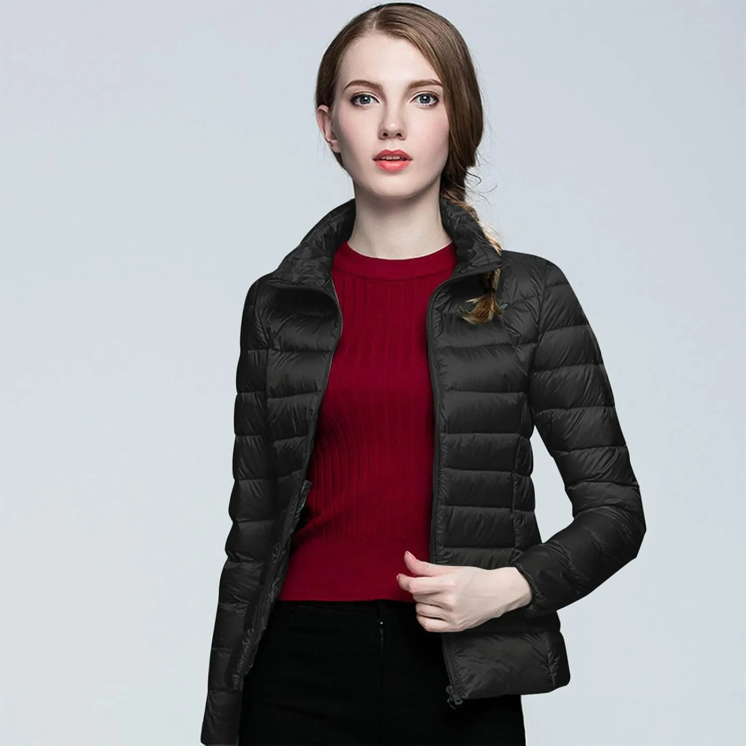 Womens Lightweight Puffer Jacket 2023 Winter Fashion Packable Short Duck Down Jackets Slim Fit Zipper Down Coat with Hood