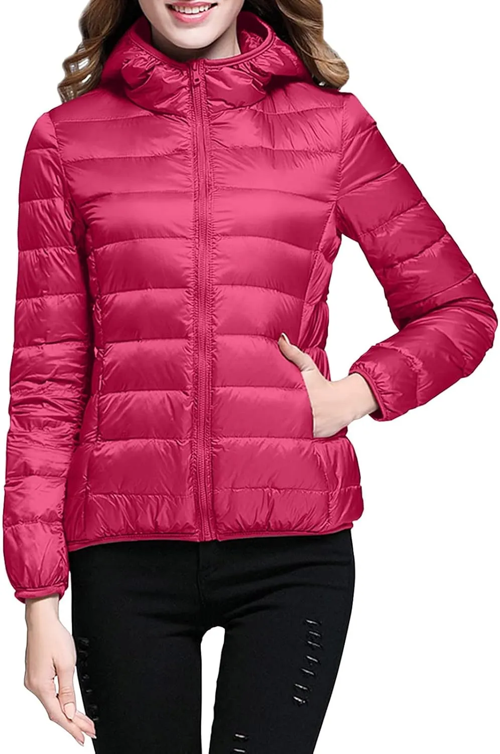 Womens Lightweight Puffer Jacket 2023 Winter Fashion Packable Short Duck Down Jackets Slim Fit Zipper Down Coat with Hood