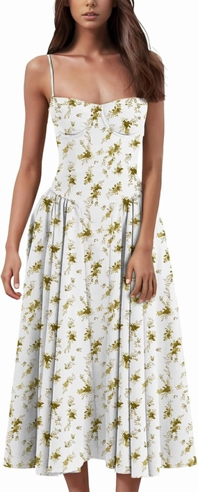 Womens Corset Dress Spaghetti Strap Bustier Midi Dresses Vintage Party Dress Flowy Pleated Hem Low Cut Prom Dresses