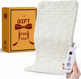 Woomer Faux Fur Electric Heating Pad for Back Pain Relief, Extra Large 17” x 33”, Extended Coverage from Neck to Hip, Two-Sided, Moist Mode, ETL Certified, 6 Adjustable Heats & 2H Auto-Off,White