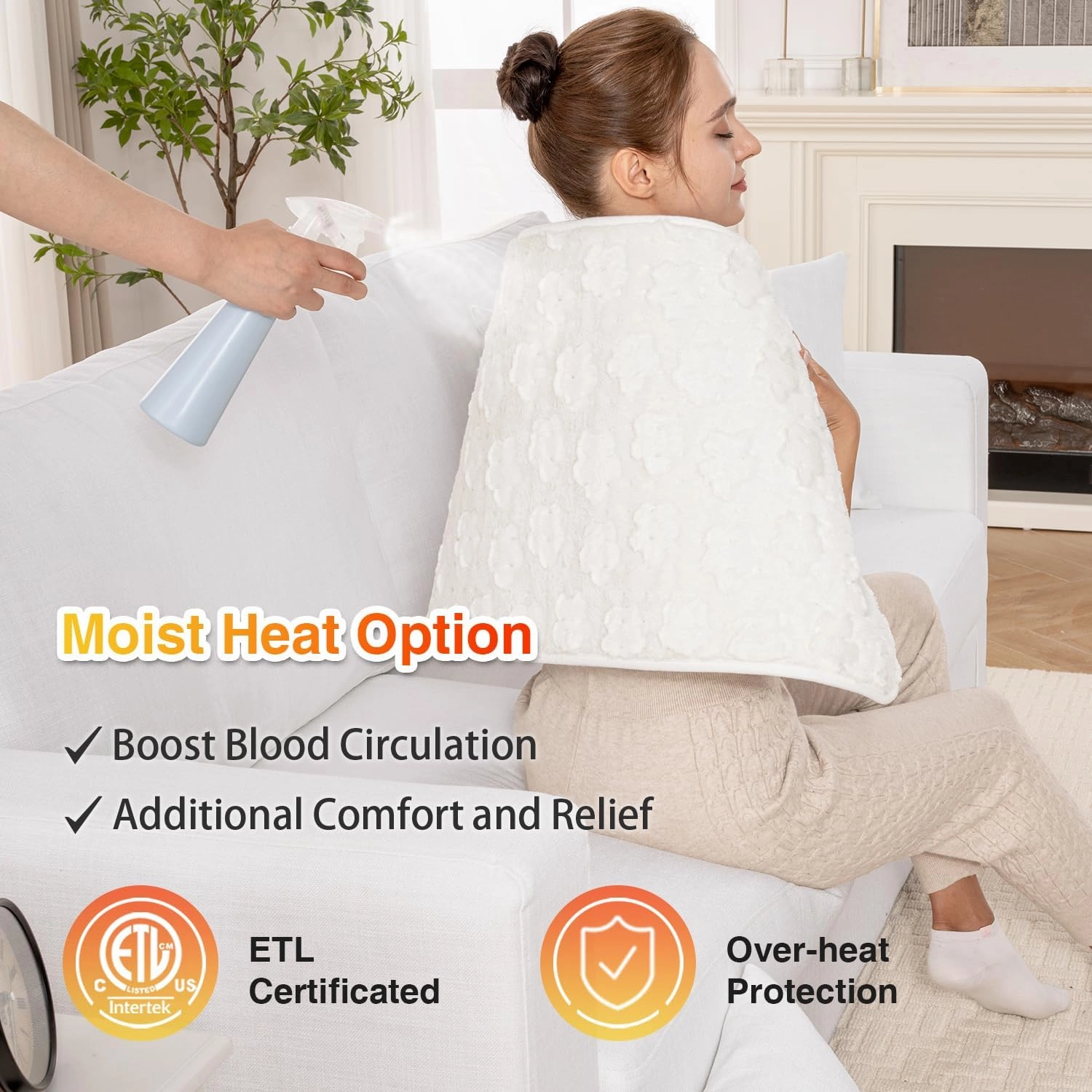 Woomer Faux Fur Electric Heating Pad for Back Pain Relief, Extra Large 17” x 33”, Extended Coverage from Neck to Hip, Two-Sided, Moist Mode, ETL Certified, 6 Adjustable Heats & 2H Auto-Off,White