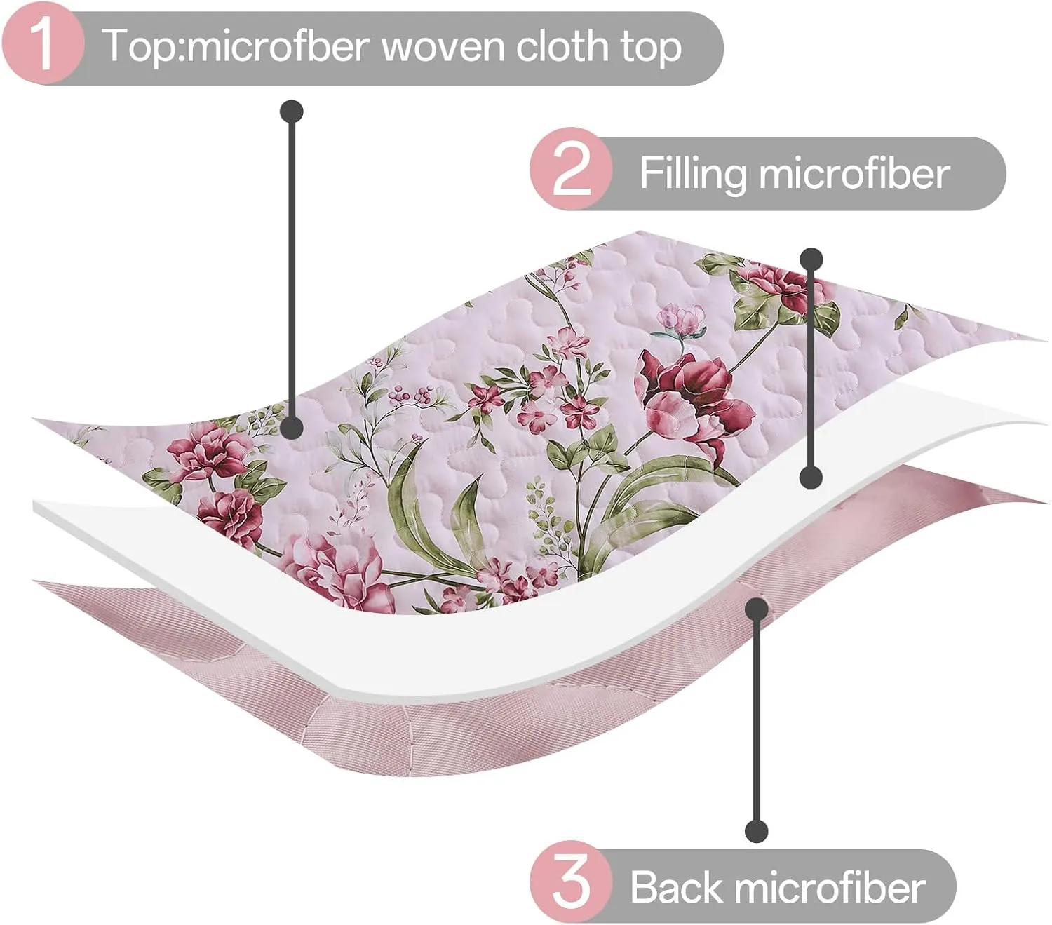 Xruibed Floral Quilt Set Queen Size, 3PCs Antique Rose Pink Bedspread Coverlet Set, Lightweight Soft Microfiber Pink Quilt Set with 2 Pillowcases for All Season (Queen Size 96"x90")