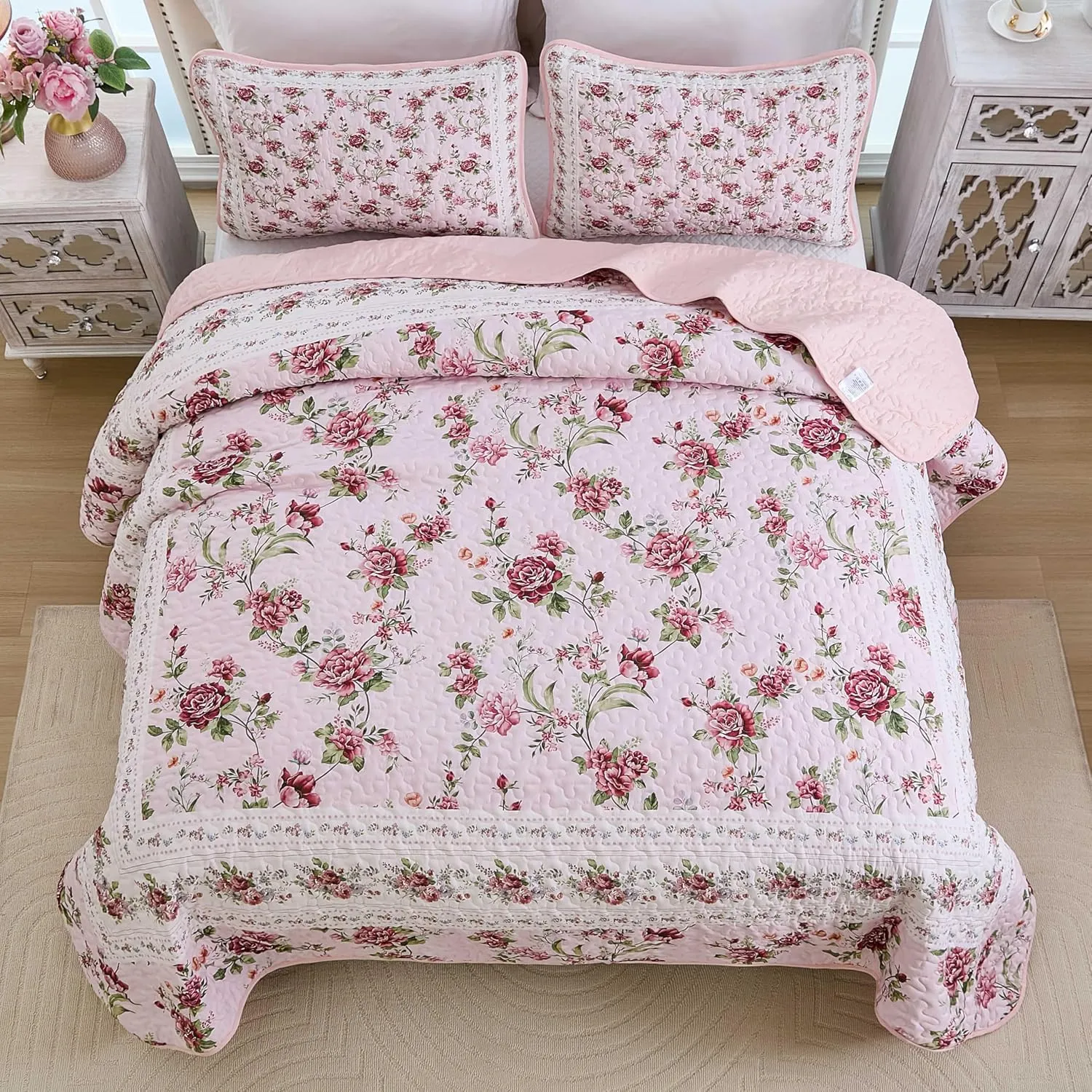 Xruibed Floral Quilt Set Queen Size, 3PCs Antique Rose Pink Bedspread Coverlet Set, Lightweight Soft Microfiber Pink Quilt Set with 2 Pillowcases for All Season (Queen Size 96"x90")