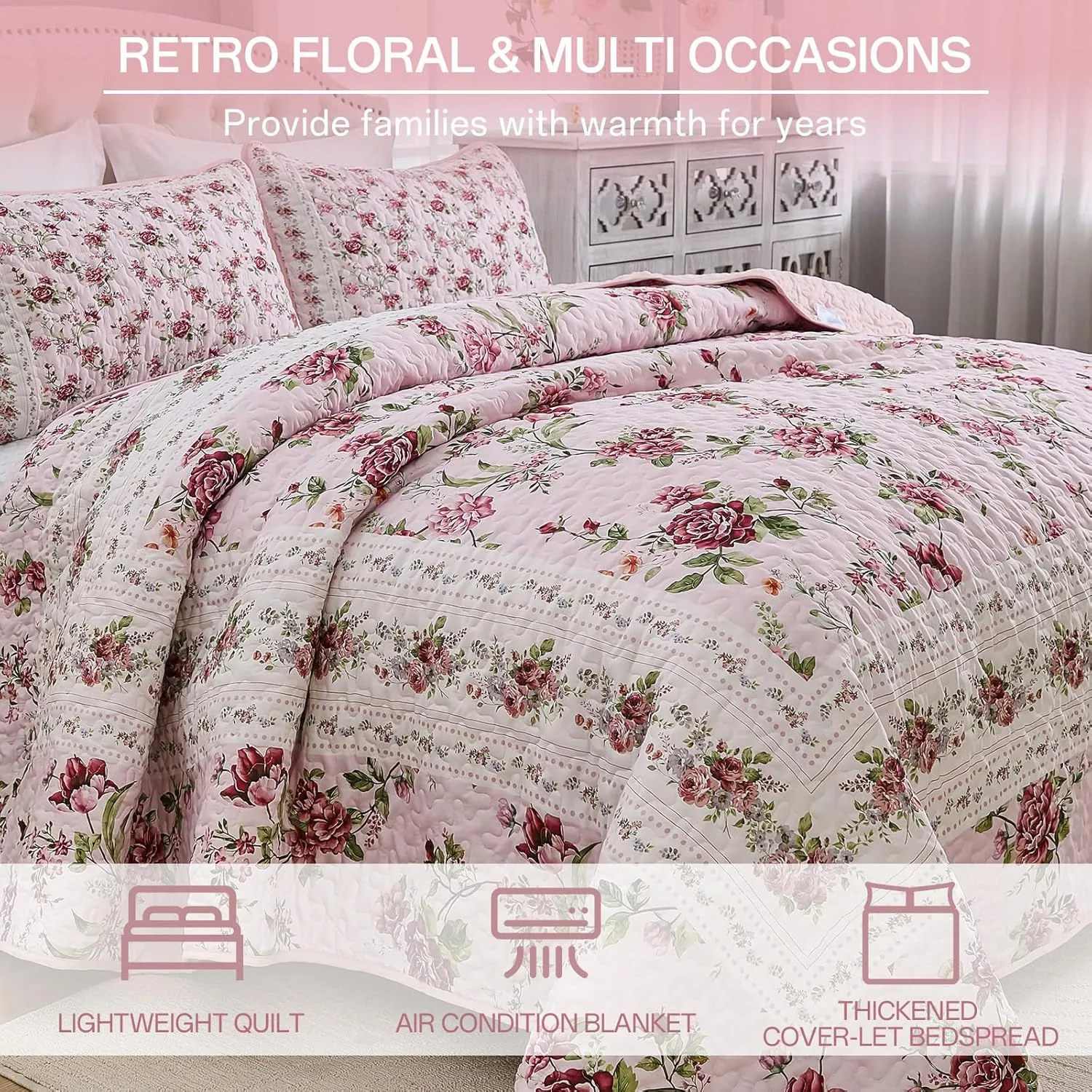 Xruibed Floral Quilt Set Queen Size, 3PCs Antique Rose Pink Bedspread Coverlet Set, Lightweight Soft Microfiber Pink Quilt Set with 2 Pillowcases for All Season (Queen Size 96"x90")