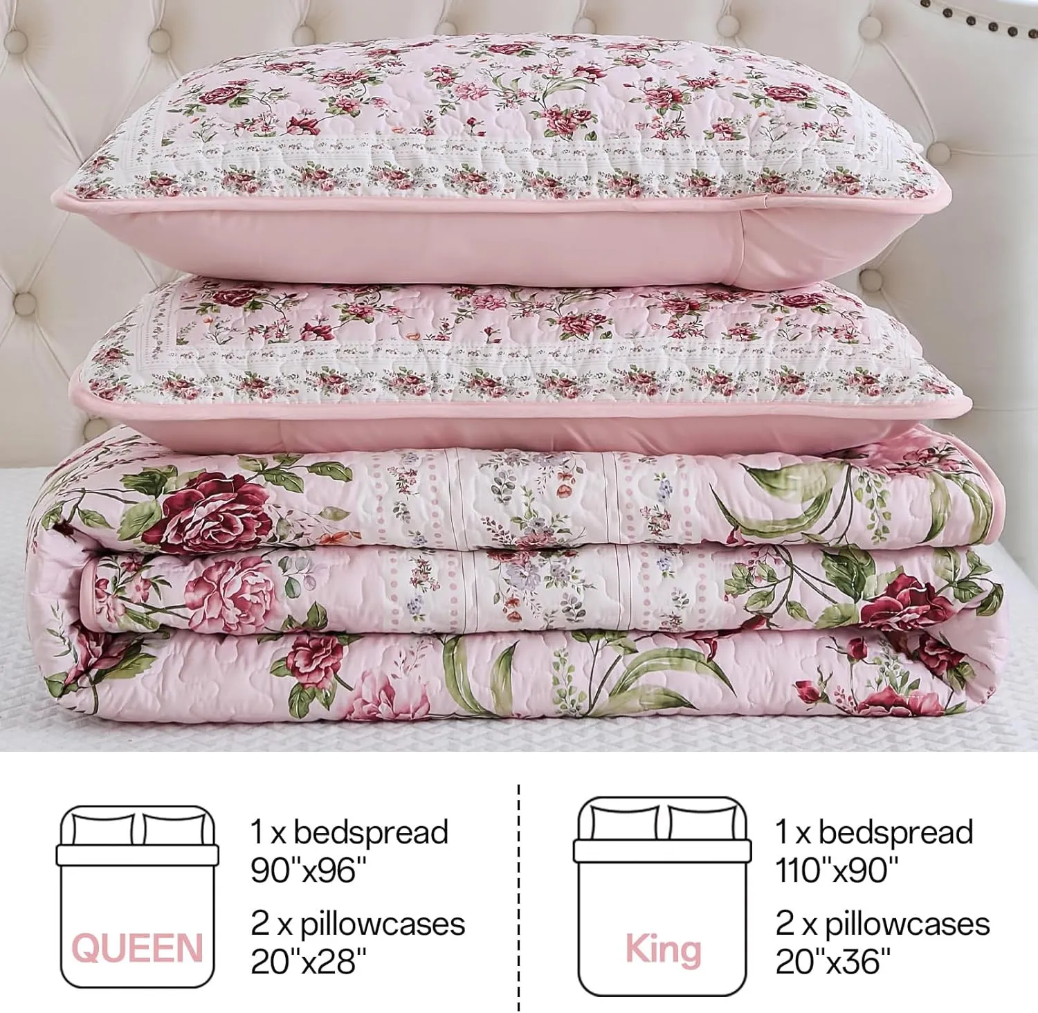 Xruibed Floral Quilt Set Queen Size, 3PCs Antique Rose Pink Bedspread Coverlet Set, Lightweight Soft Microfiber Pink Quilt Set with 2 Pillowcases for All Season (Queen Size 96"x90")