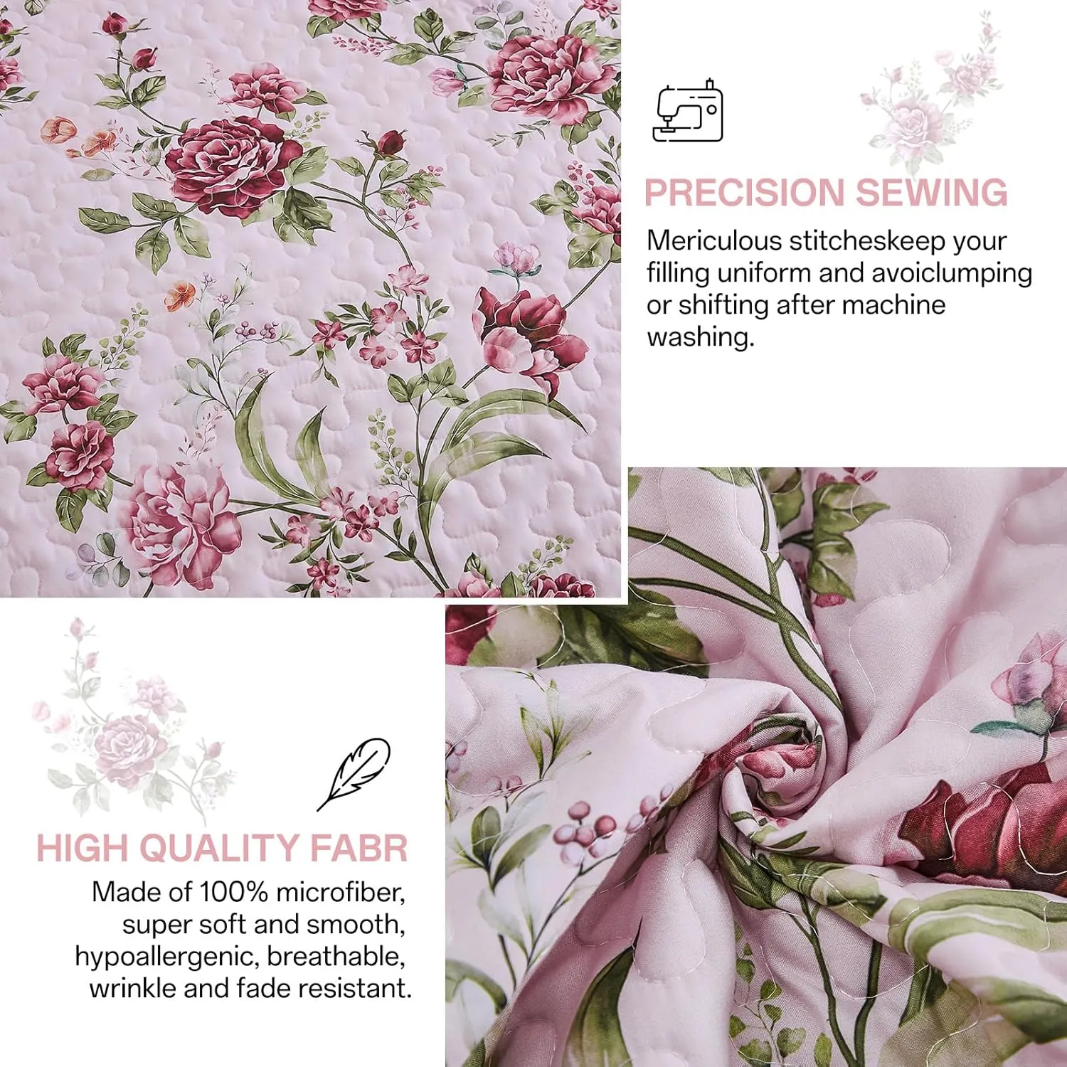 Xruibed Floral Quilt Set Queen Size, 3PCs Antique Rose Pink Bedspread Coverlet Set, Lightweight Soft Microfiber Pink Quilt Set with 2 Pillowcases for All Season (Queen Size 96"x90")