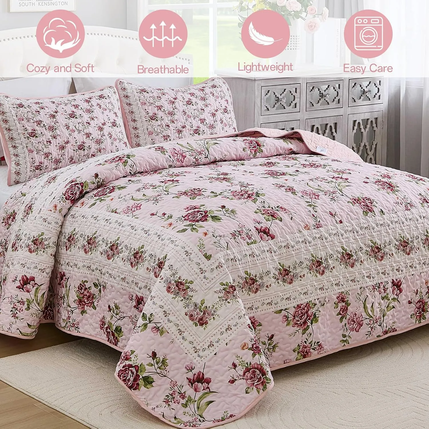 Xruibed Floral Quilt Set Queen Size, 3PCs Antique Rose Pink Bedspread Coverlet Set, Lightweight Soft Microfiber Pink Quilt Set with 2 Pillowcases for All Season (Queen Size 96"x90")