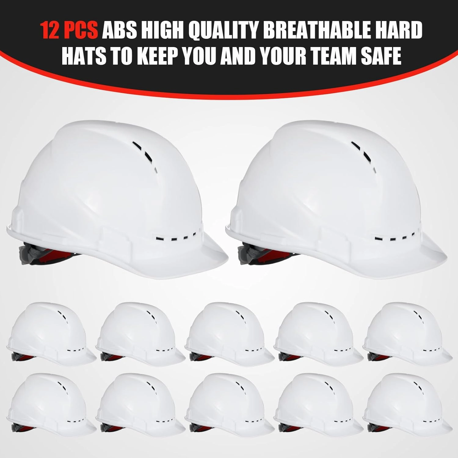Xuhal 12 Pieces 4 Point Suspension Hard Hat Bulk Safety Helmets with Vents and Cotton Brow Pad ABS Construction Hardhats for Safety Adjustable Ratchet Hard Hats for Work Head Protection