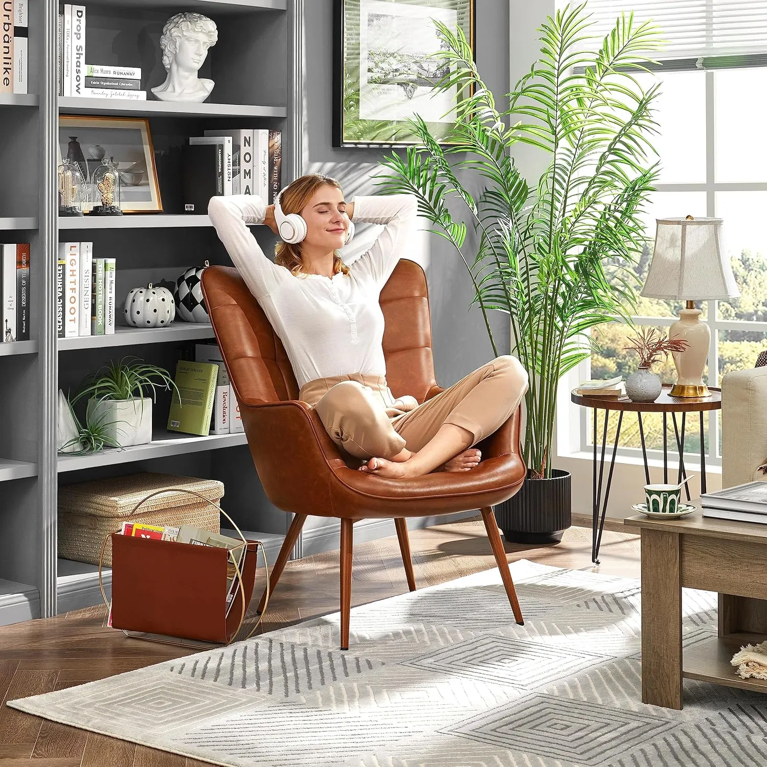 Yaheetech Leather Accent Chairs, Living Room Chairs Leather Large Armchairs Accent Chairs with Metal Legs for Living Bedroom Office Statement, Camel