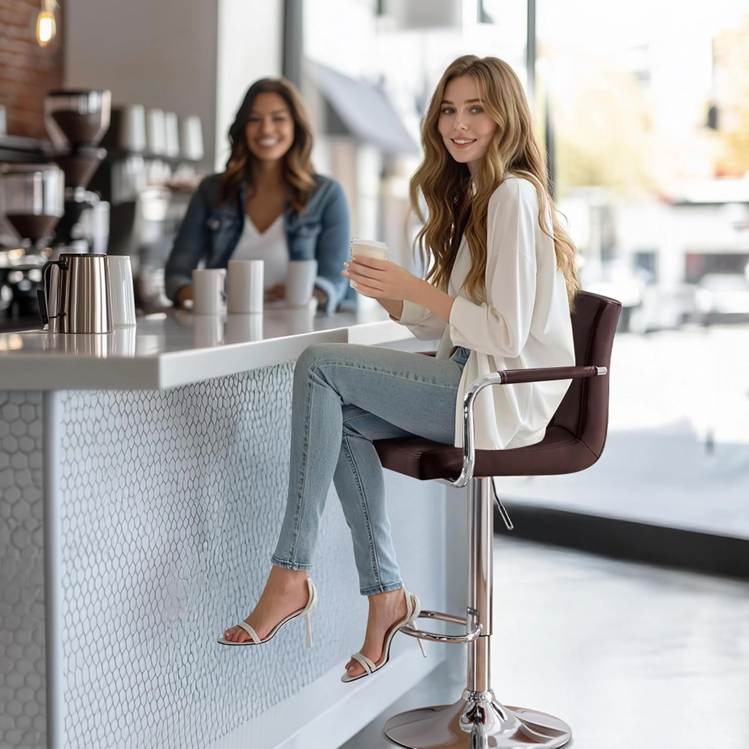 Yaheetech Tall Bar Stools Set of 2 Modern Square PU Leather Adjustable BarStools Counter Height Stools with Arms and Back Bar Chairs 360° Swivel Stool, Brown