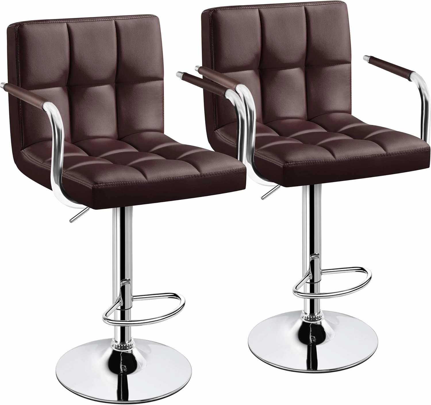 Yaheetech Tall Bar Stools Set of 2 Modern Square PU Leather Adjustable BarStools Counter Height Stools with Arms and Back Bar Chairs 360° Swivel Stool, Brown