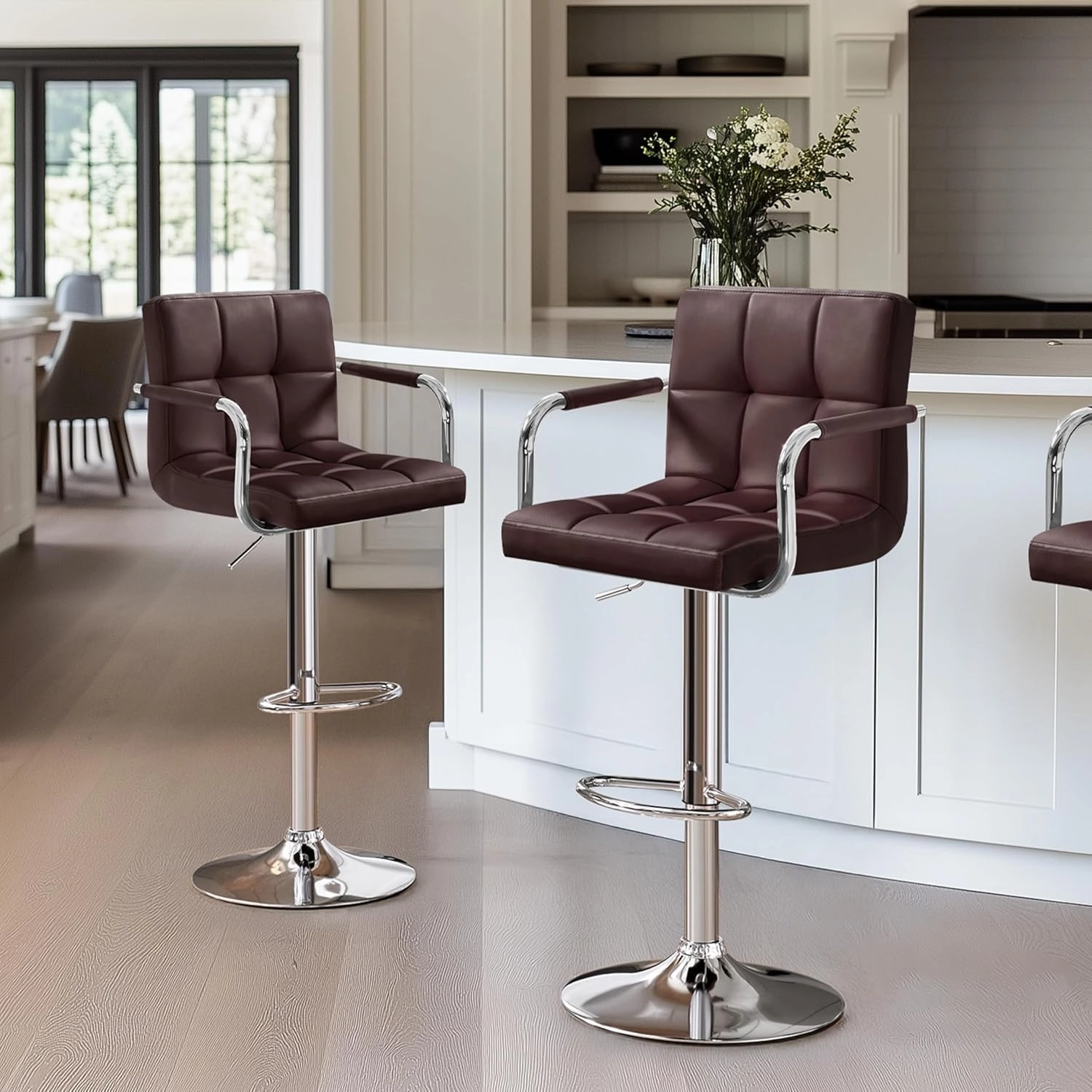 Yaheetech Tall Bar Stools Set of 2 Modern Square PU Leather Adjustable BarStools Counter Height Stools with Arms and Back Bar Chairs 360° Swivel Stool, Brown