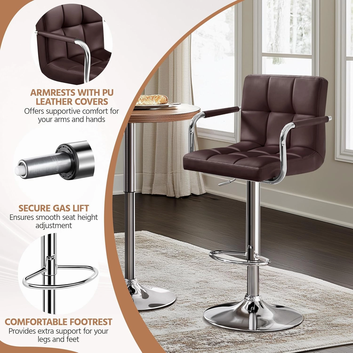 Yaheetech Tall Bar Stools Set of 2 Modern Square PU Leather Adjustable BarStools Counter Height Stools with Arms and Back Bar Chairs 360° Swivel Stool, Brown