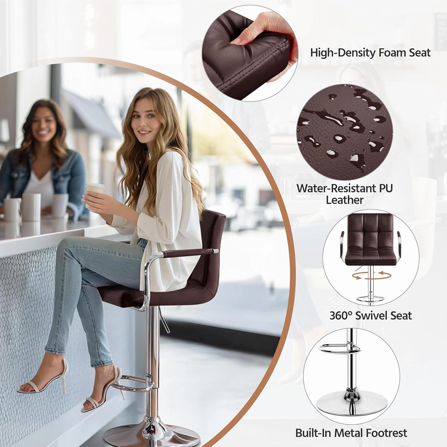 Yaheetech Tall Bar Stools Set of 2 Modern Square PU Leather Adjustable BarStools Counter Height Stools with Arms and Back Bar Chairs 360° Swivel Stool, Brown