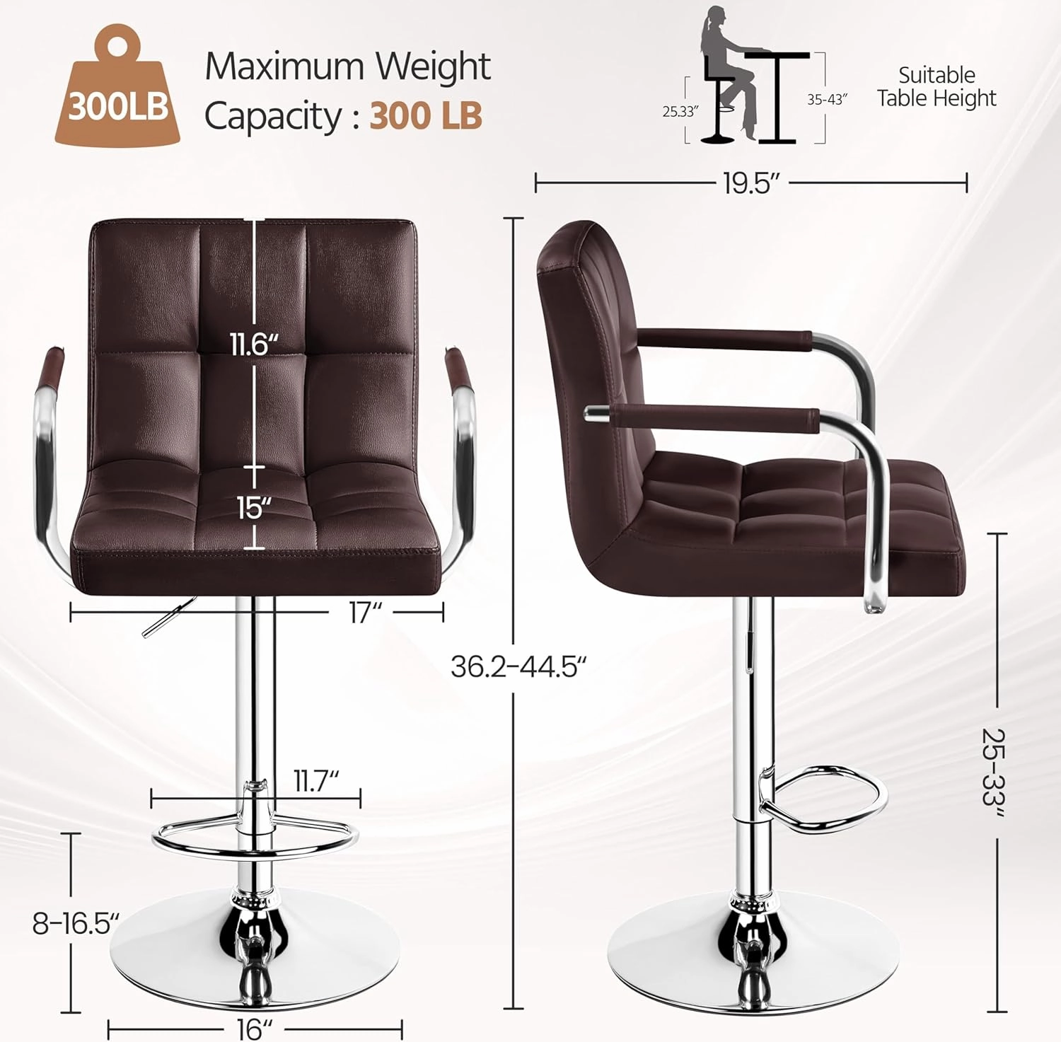Yaheetech Tall Bar Stools Set of 2 Modern Square PU Leather Adjustable BarStools Counter Height Stools with Arms and Back Bar Chairs 360° Swivel Stool, Brown