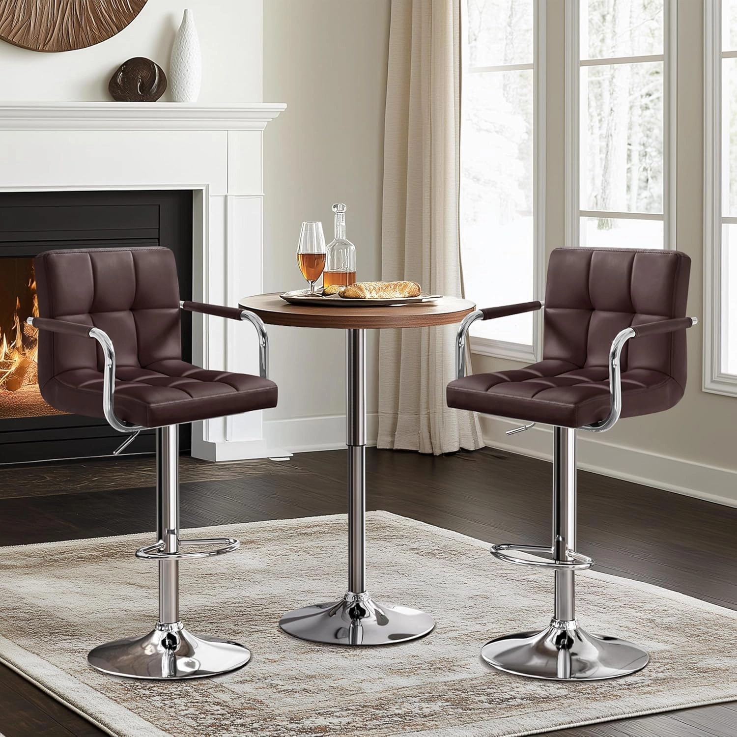 Yaheetech Tall Bar Stools Set of 2 Modern Square PU Leather Adjustable BarStools Counter Height Stools with Arms and Back Bar Chairs 360° Swivel Stool, Brown