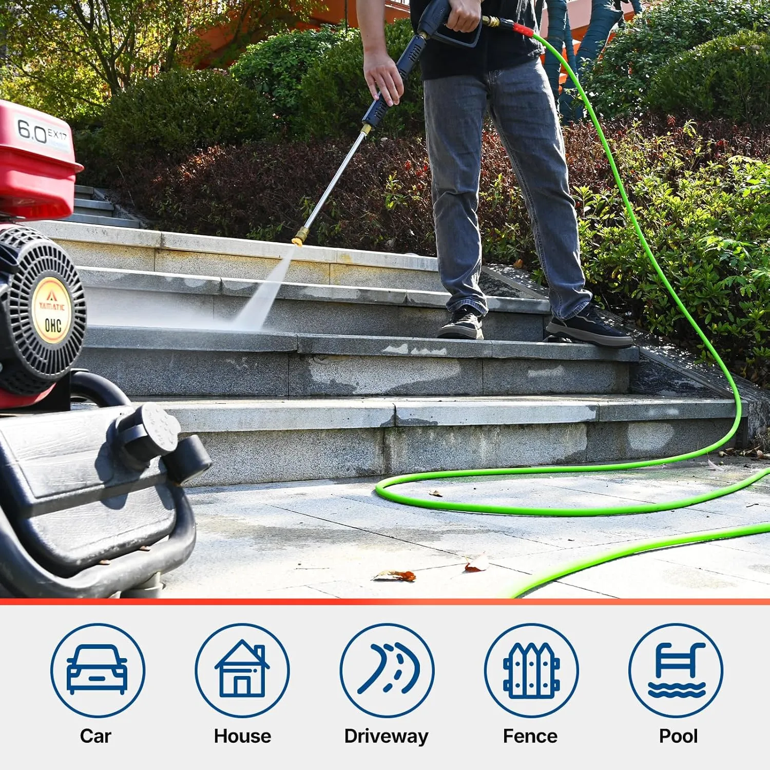 YAMATIC Super Flexible Pressure Washer Hose 50FT for Power Washer Replacement, Kink Resistant Extension With Leak-Free M22 Female & 3/8" Quick Connect Adapters, 1/4" 3200 PSI, Green