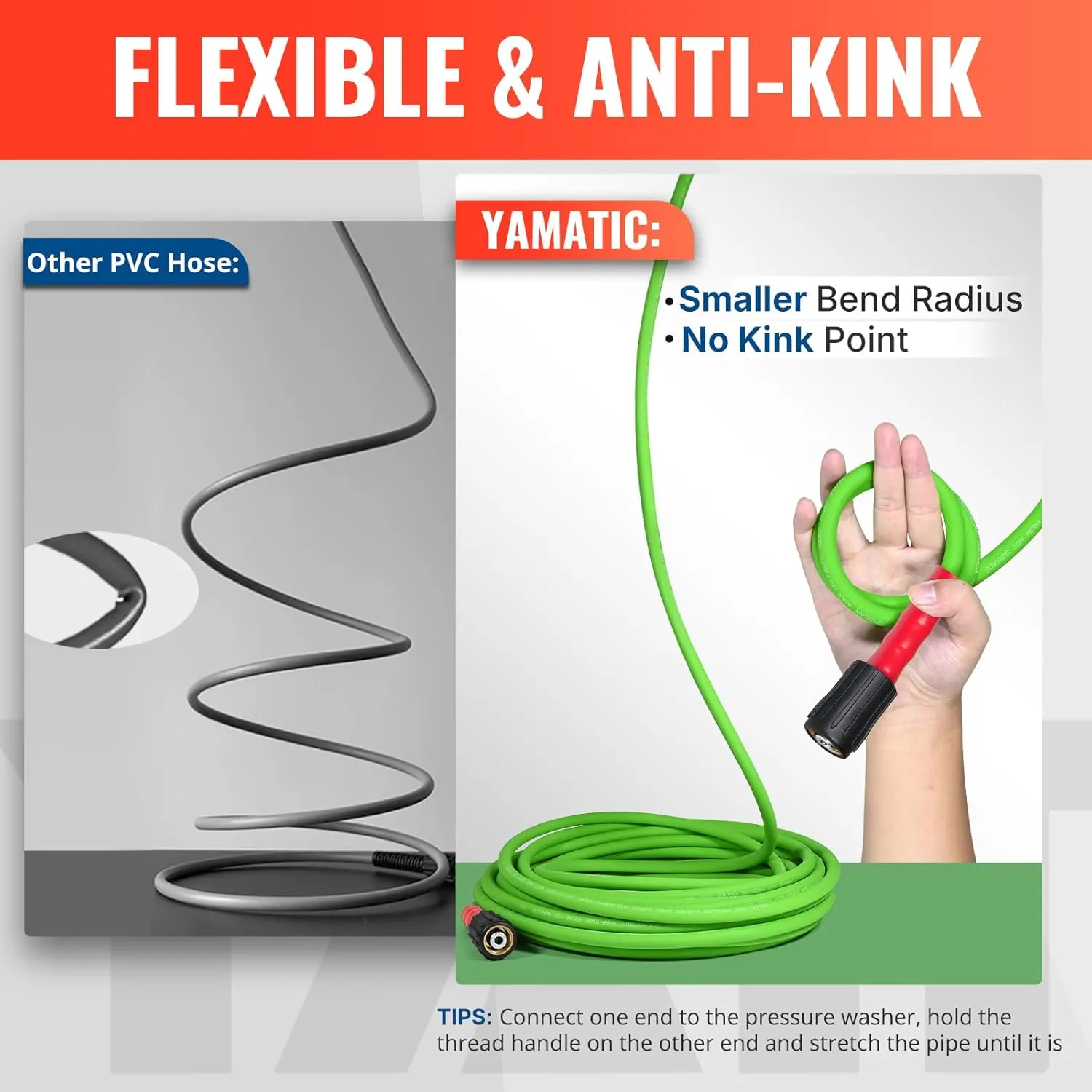 YAMATIC Super Flexible Pressure Washer Hose 50FT for Power Washer Replacement, Kink Resistant Extension With Leak-Free M22 Female & 3/8" Quick Connect Adapters, 1/4" 3200 PSI, Green