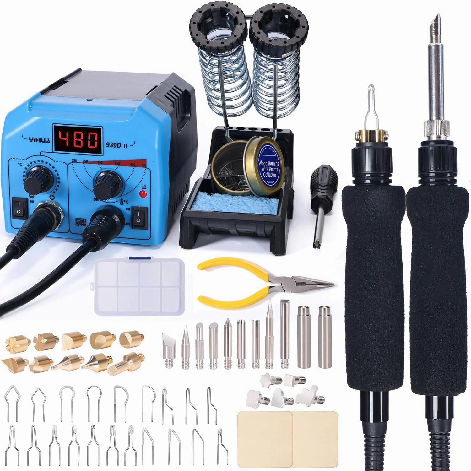 YIHUA 939D-II Pyrography Pen Wood Burning Kit Station 2-in-1 Solid-Point 200~480°C (with Temp Display)/Wire-Nib 250~750°C with 20 Nibs, Solid Points, 1 Stable Pen Holder, 2 Scrap Wood (Blue)
